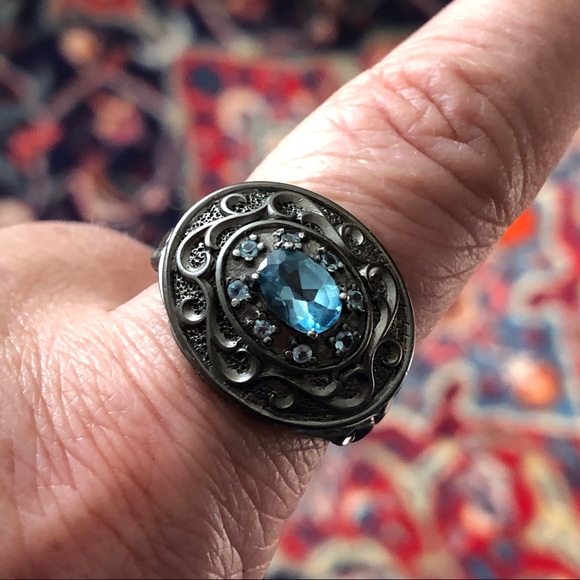 Blue Topaz Oxidized Sterling Silver Ornate Scroll Ring 10 - Picture 10 of 16